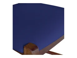 Taburete de bar de 80 cm en nogal oscuro con asa y asiento acolchado en piel sintética azul.