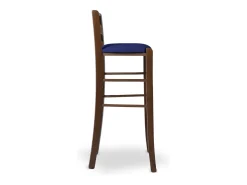 Taburete de bar de 80 cm en nogal oscuro con asa y asiento acolchado en piel sintética azul.