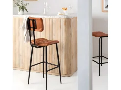 Taburete de bar de cuero marrón estilo vintage con elegantes patas de metal