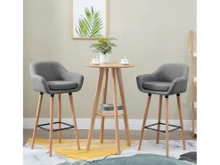 Taburete de bar de lino con cojín, diseño moderno, madera y tela, gris, con reposapiés (55 x 48 x 100 cm)