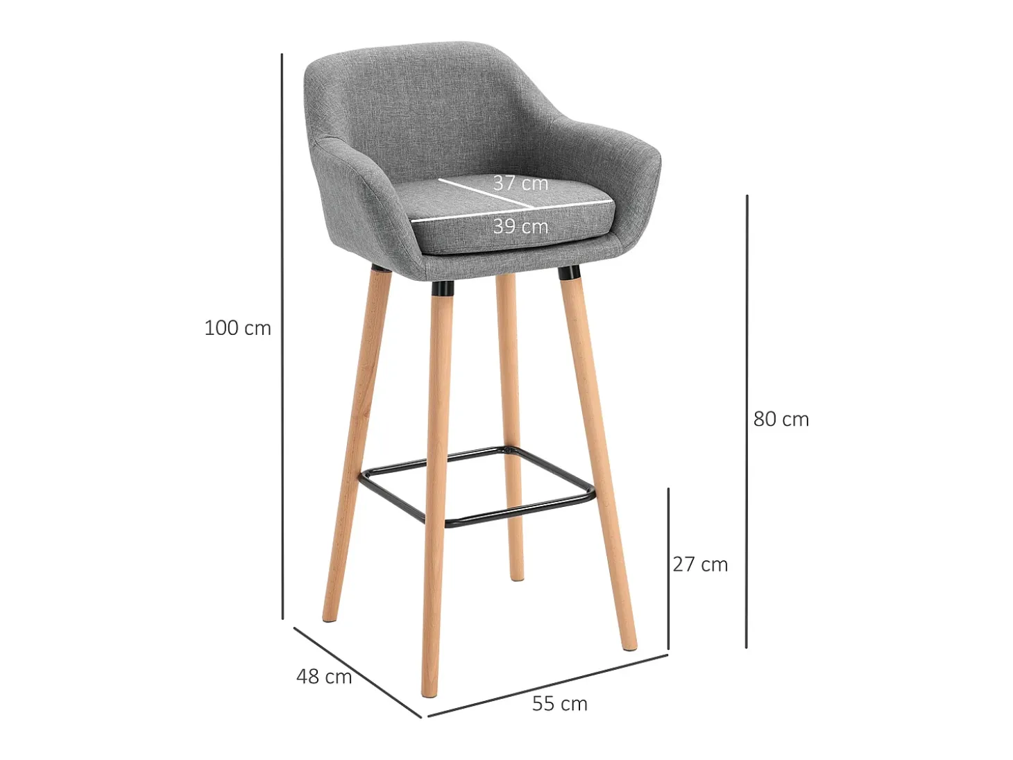 Taburete de bar de lino con cojín, diseño moderno, madera y tela, gris, con reposapiés (55 x 48 x 100 cm)