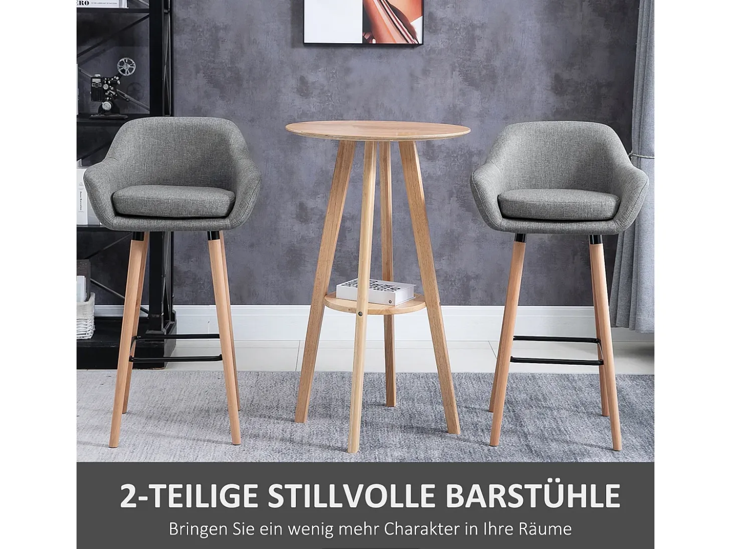 Taburete de bar de lino con cojín, diseño moderno, madera y tela, gris, con reposapiés (55 x 48 x 100 cm)