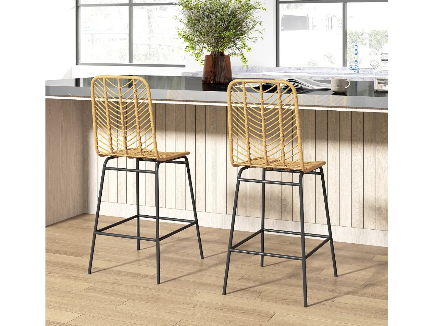 Taburete de bar, diseño Boho, con respaldo, ratán sintético, patas de metal, amarillo y negro (42,5x52x102 cm)
