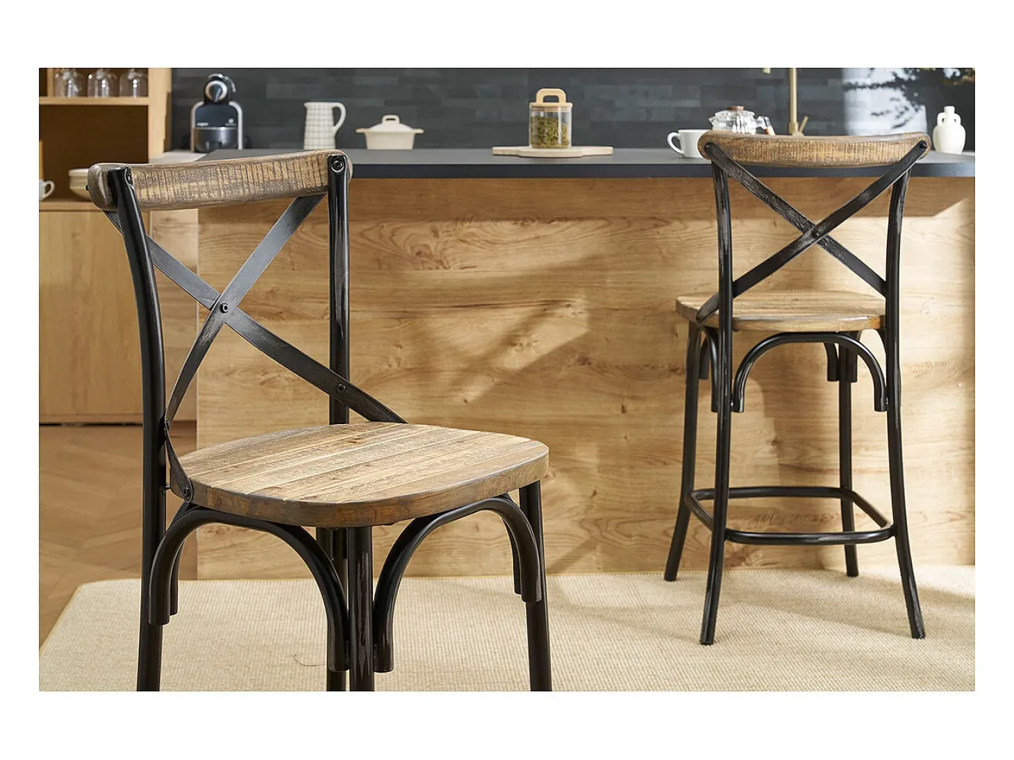 Taburete de bar industrial en madera y metal envejecido negro 65 cm JAKE