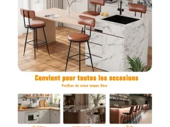 Taburete de bar, juego de 4, trona de cocina, silla de bar con reposapiés y respaldo, para comedor, cocina, piel sintética, marrón