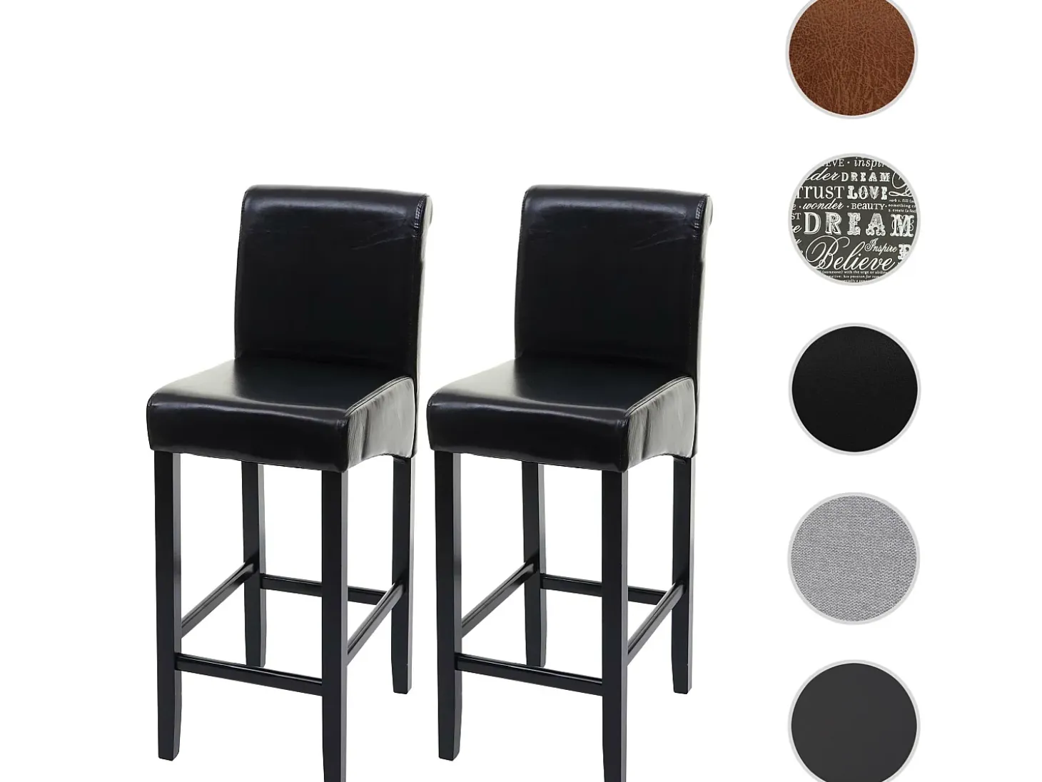Taburete de bar MCW-C33 (juego de 2), negro, patas oscuras, cuero