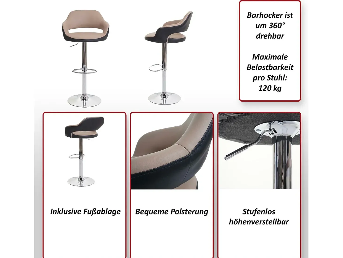 Taburete de bar MCW-F16 (juego de 2), rojo-negro