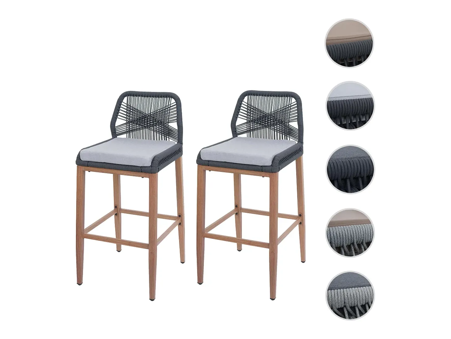 Taburete de bar MCW-O21 (set de 2), antracita, cojín gris claro