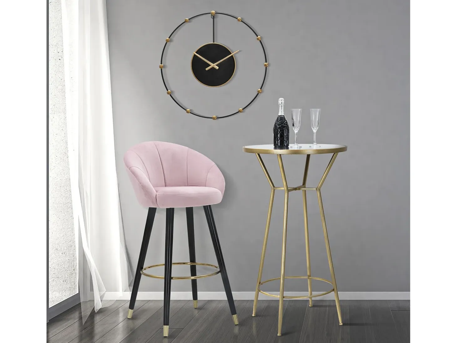 Taburete de bar para cocina en terciopelo con patas de madera negras y doradas h80cm Prague - Rosa