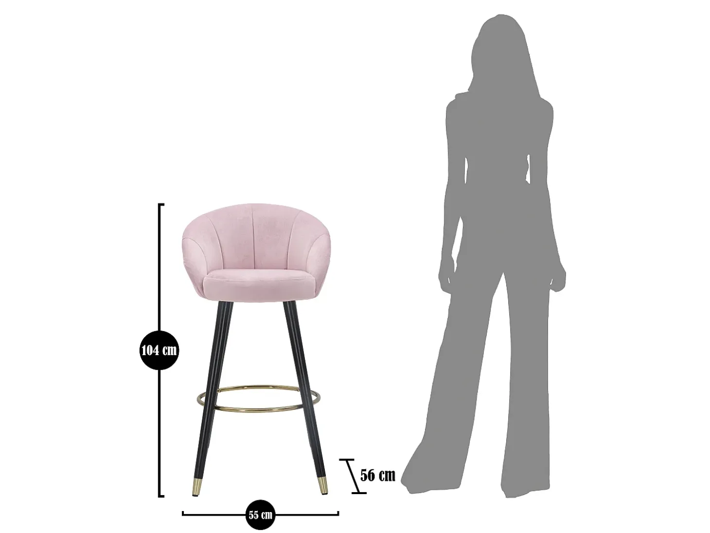 Taburete de bar para cocina en terciopelo con patas de madera negras y doradas h80cm Prague - Rosa