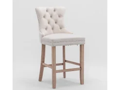 Taburete de bar tapizado en terciopelo, diseño contemporáneo, con patas de madera y ribete de tachuelas, color beige (60 x 50 x 66 cm)