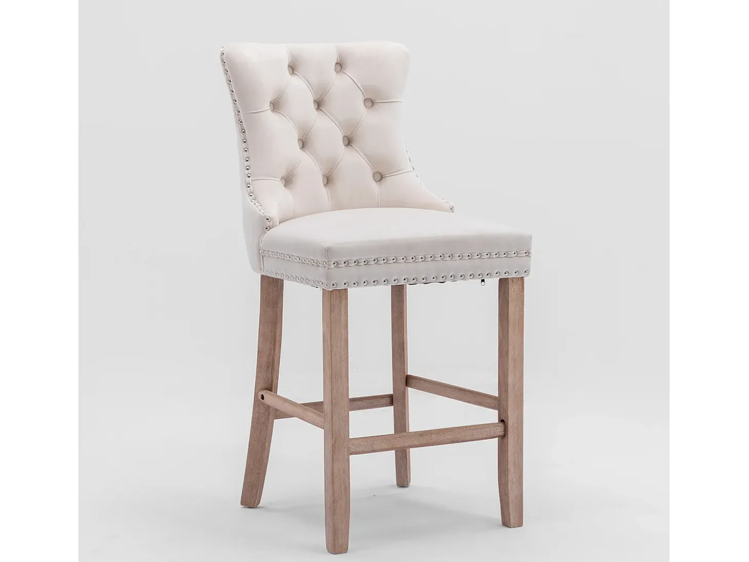 Taburete de bar tapizado en terciopelo, diseño contemporáneo, con patas de madera y ribete de tachuelas, color beige (60 x 50 x 66 cm)