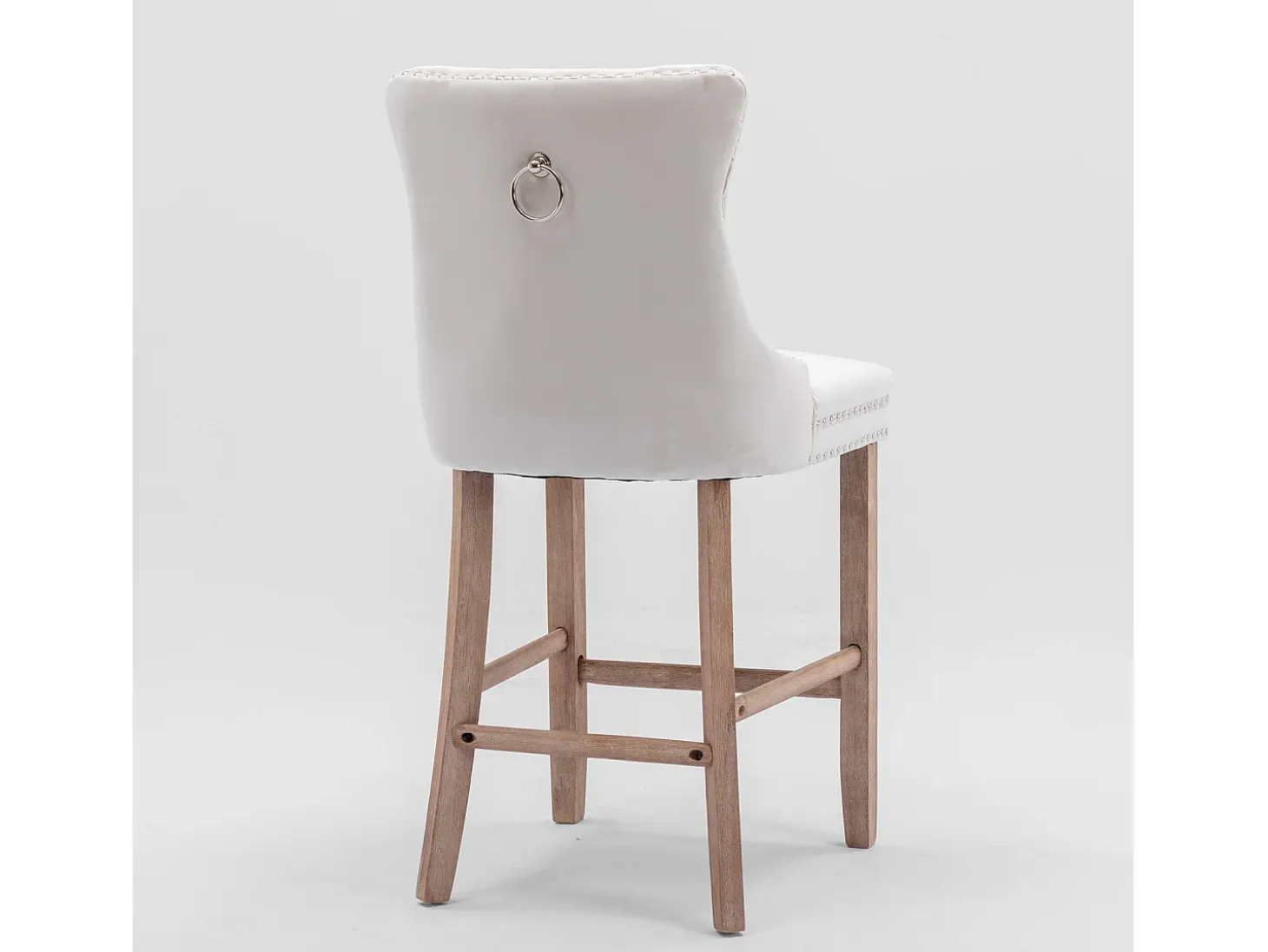 Taburete de bar tapizado en terciopelo, diseño contemporáneo, con patas de madera y ribete de tachuelas, color beige (60 x 50 x 66 cm)