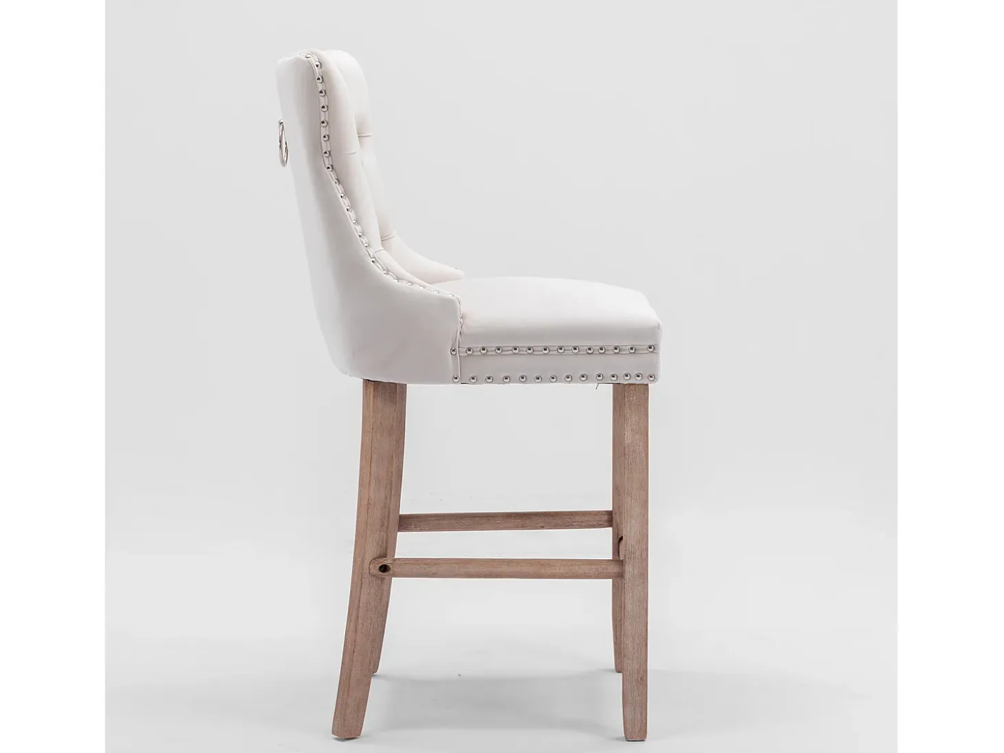 Taburete de bar tapizado en terciopelo, diseño contemporáneo, con patas de madera y ribete de tachuelas, color beige (60 x 50 x 66 cm)
