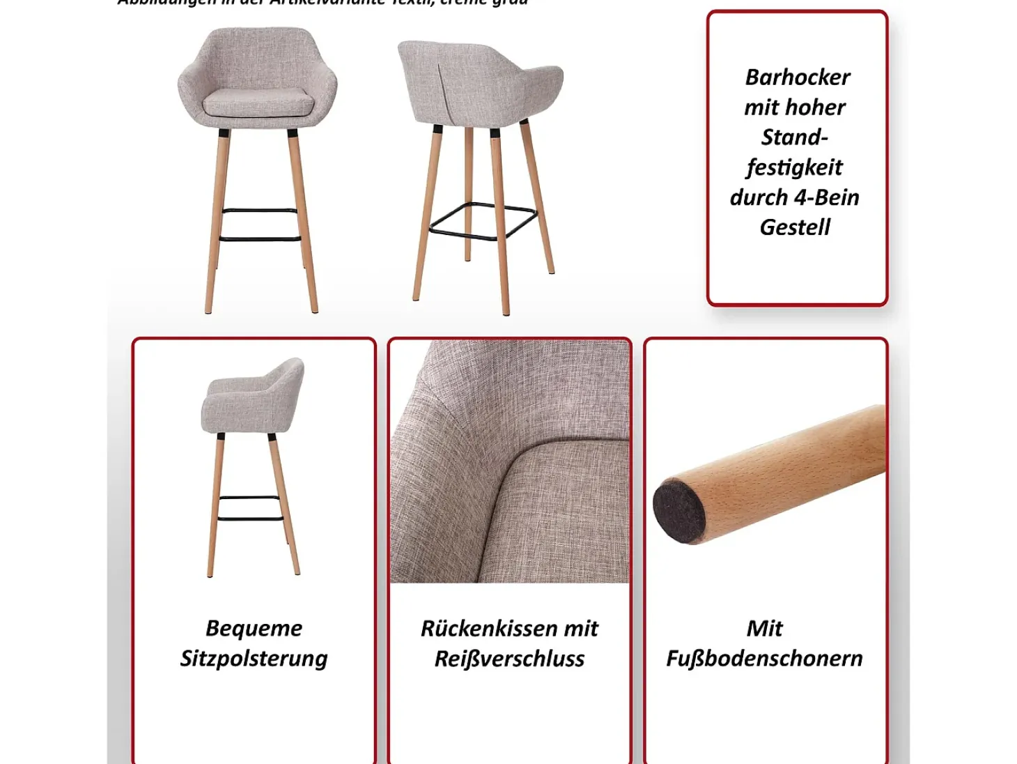 Taburete de bar Vaasa T381 (set de 2), textil, gris