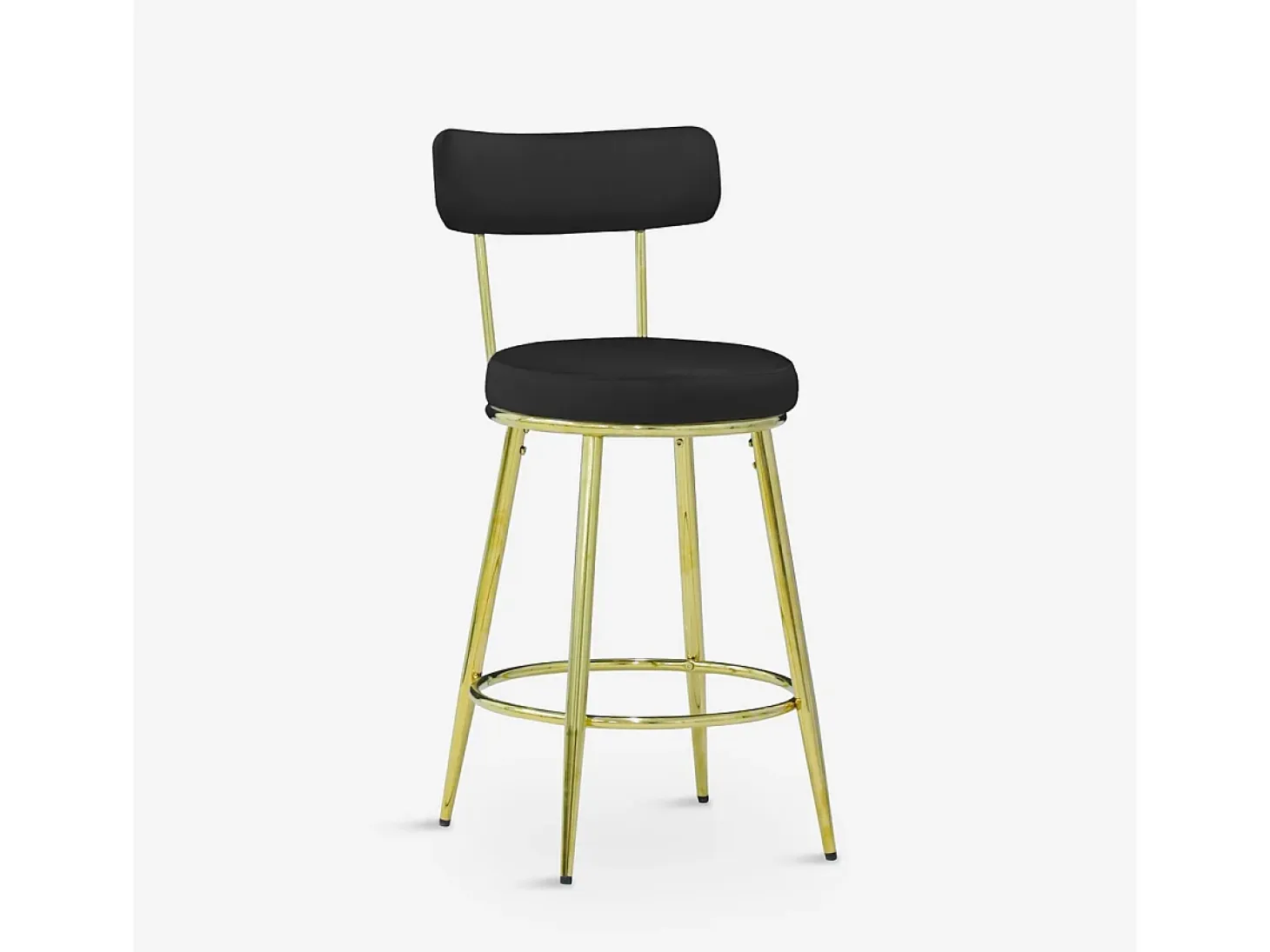 Taburete de bar y cocina de terciopelo con respaldo y patas doradas Kraven - Negro