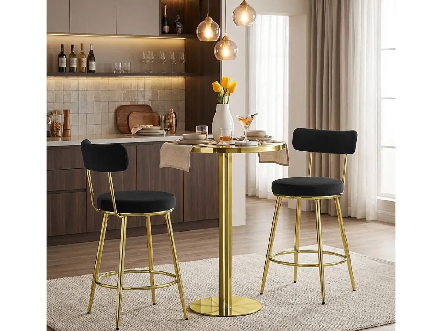 Taburete de bar y cocina de terciopelo con respaldo y patas doradas Kraven - Negro