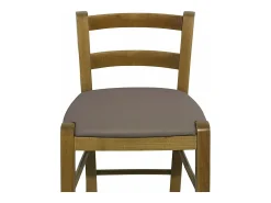 Taburete de madera de nogal claro con respaldo h 66cm y asiento de polipiel gris tórtola.