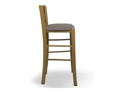 Taburete de madera de nogal claro con respaldo h 66cm y asiento de polipiel gris tórtola.