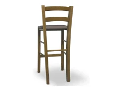 Taburete de madera de nogal claro con respaldo h 66cm y asiento de polipiel gris tórtola.