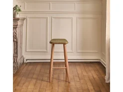 Taburete de madera de teca maciza y asiento de pana de 65 cm