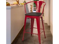 taburete de metal y madera con respaldo de diseño industrial estilo steel wood back - Rojo