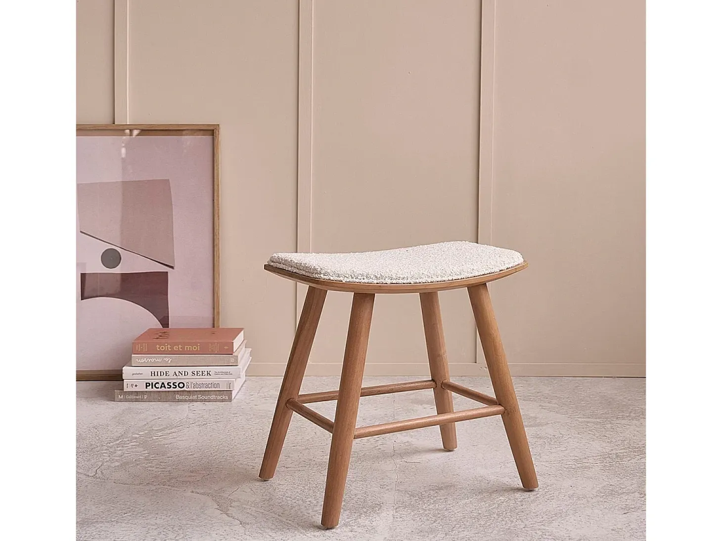 Taburete de teca maciza con asiento de bouclette 45 cm