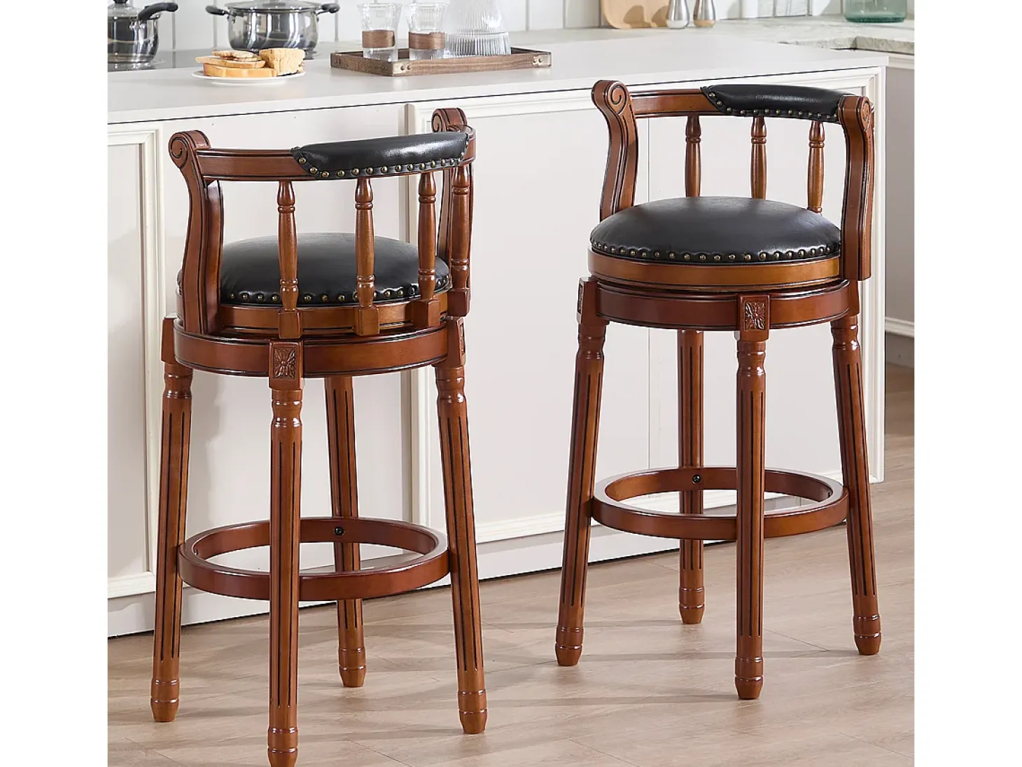 Taburete giratorio de bar - Asiento de cuero negro - Madera - Color nogal