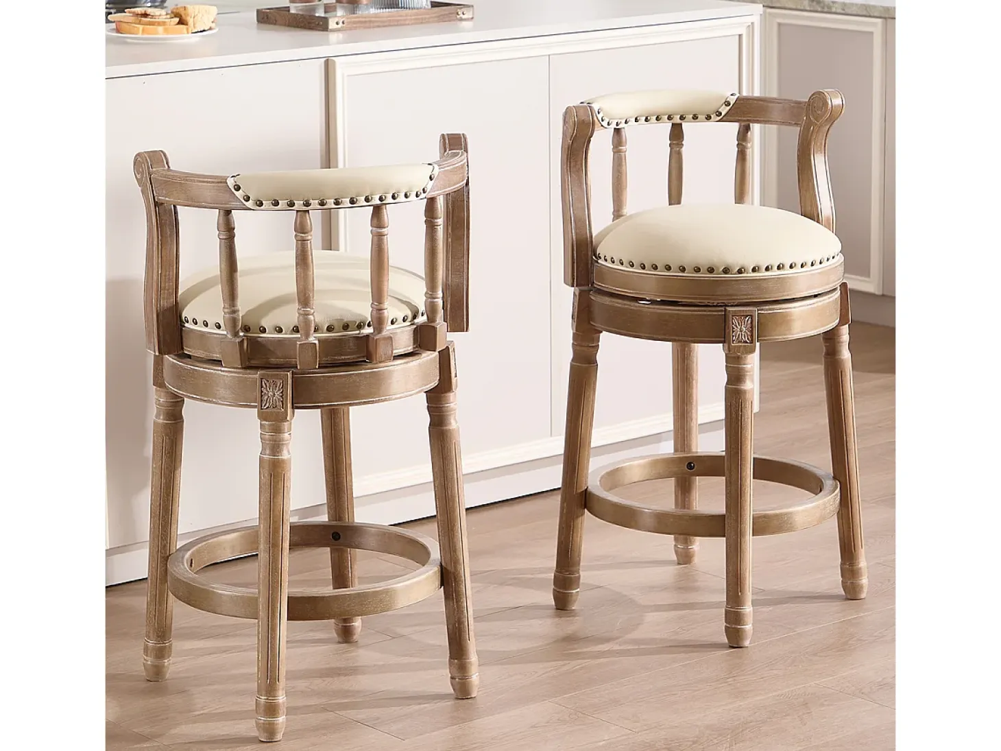 Taburete giratorio de bar - Asiento de piel blanca - Color madera 54,8 x 54,8 x 66 cm