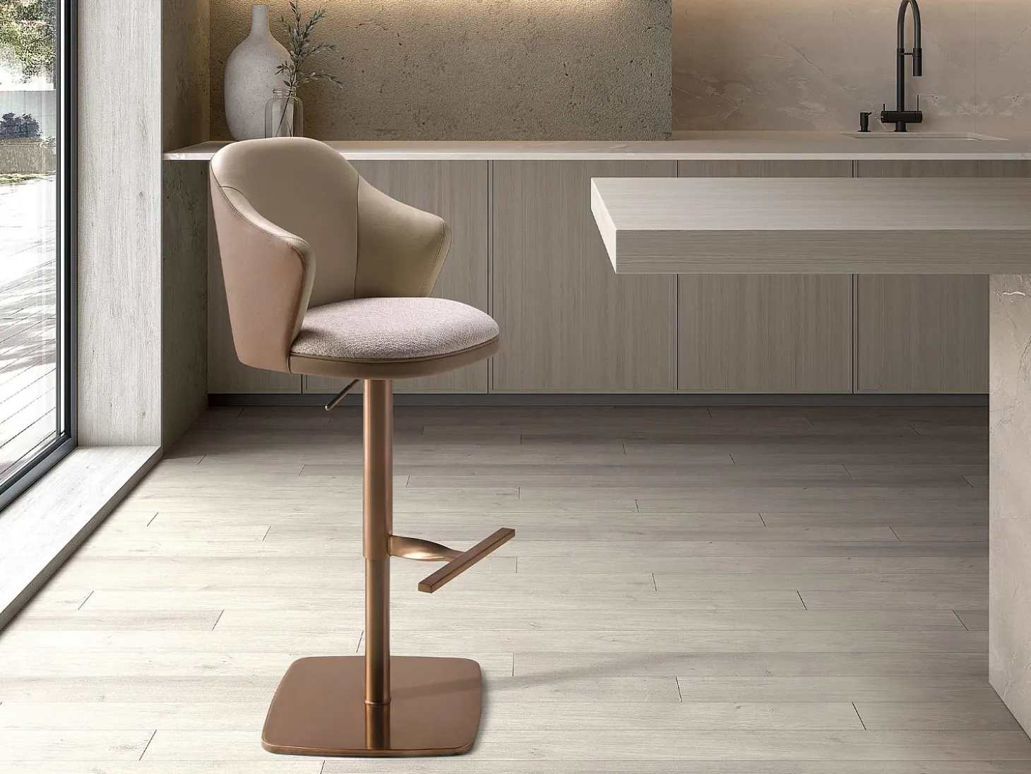 Taburete giratorio tela crema jaspeado y polipiel marrón 4232 ANGEL CERDA