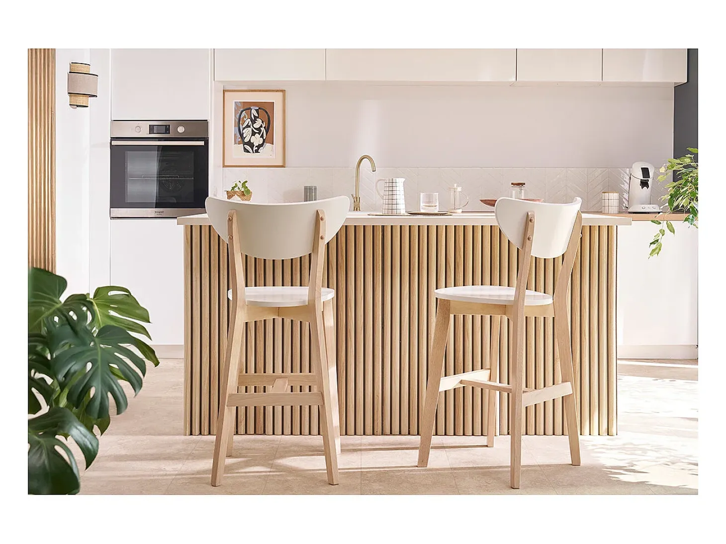 Taburete nórdico blanco y madera 65cm lote de 2 LEENA