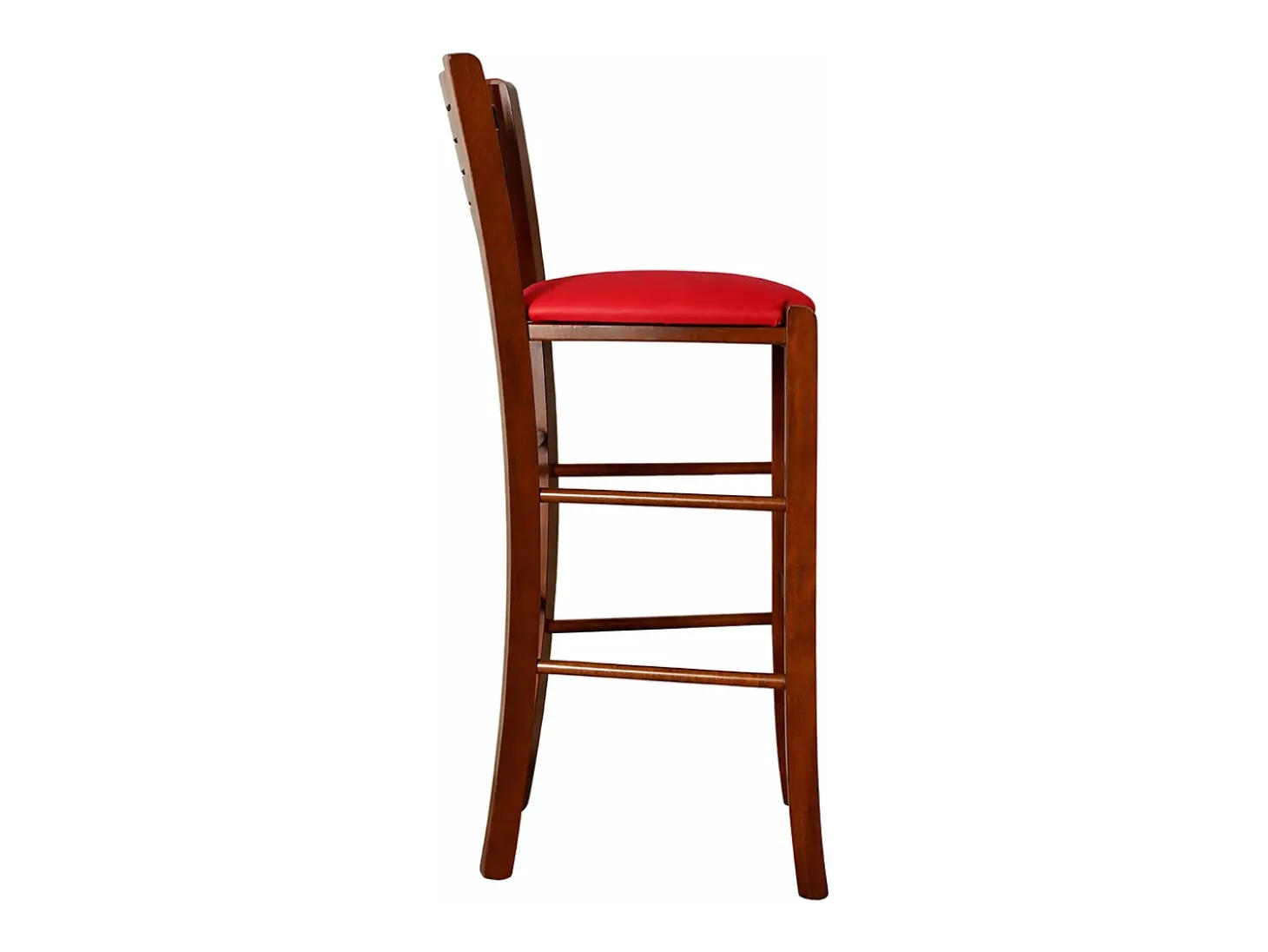 Taburete Verona en madera de nogal oscuro, altura 73 cm, con asiento acolchado rojo