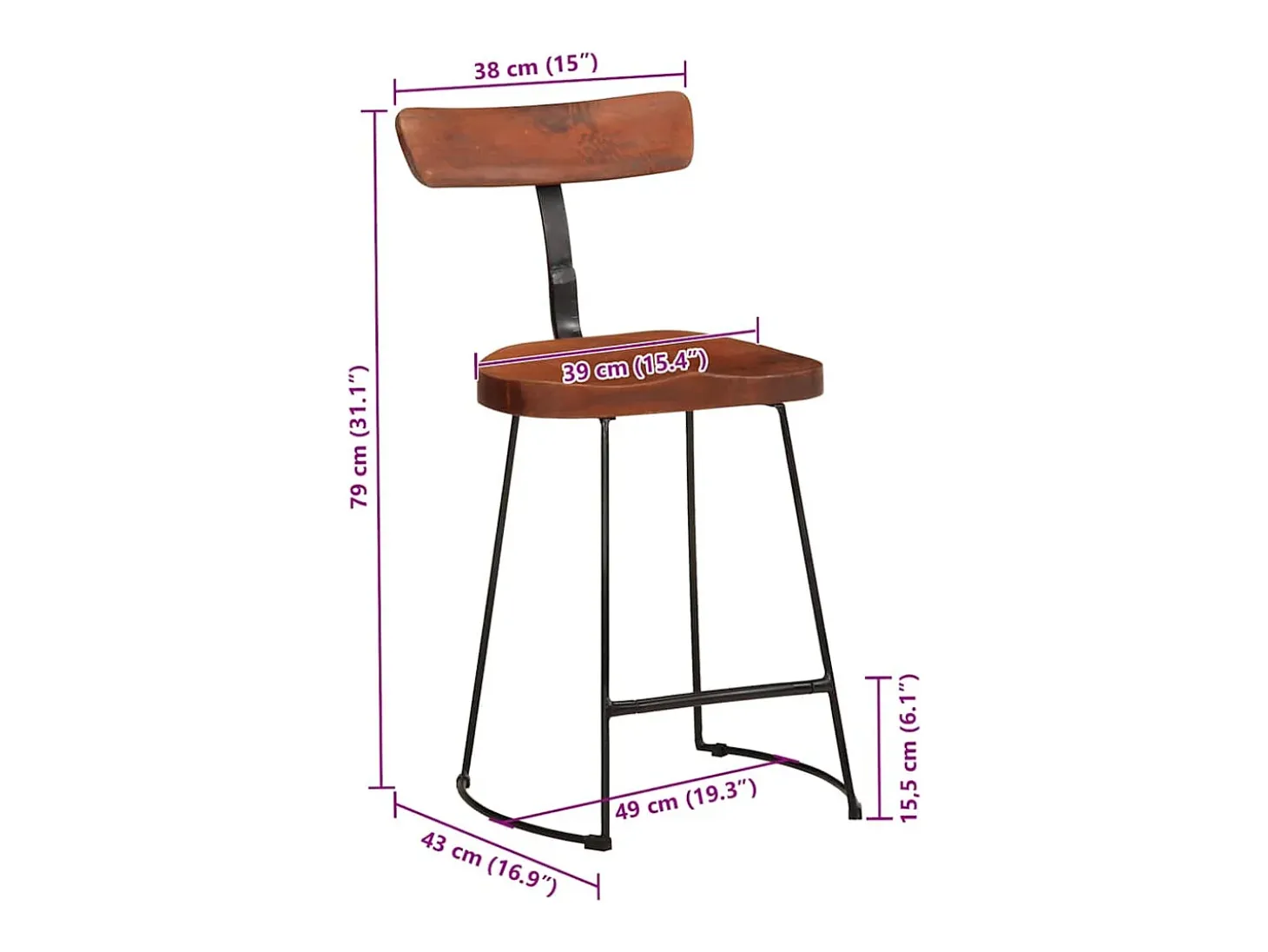 Taburetes de barra 2 uds madera maciza de mango 49x43x79 cm