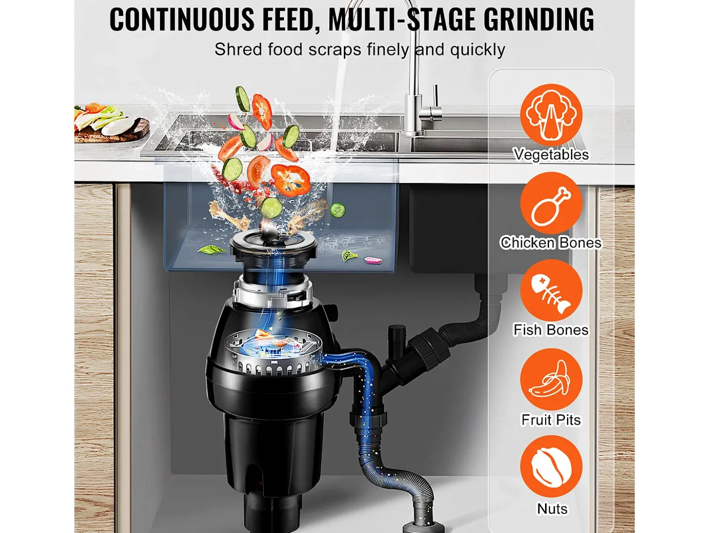 Triturador de Desechos SucceBuy de Cocina 3/4 HP, Sistema de Molienda de Residuos Alimentarios, Instalación Fácil, 3930 RPM, con Cable de Alimentación