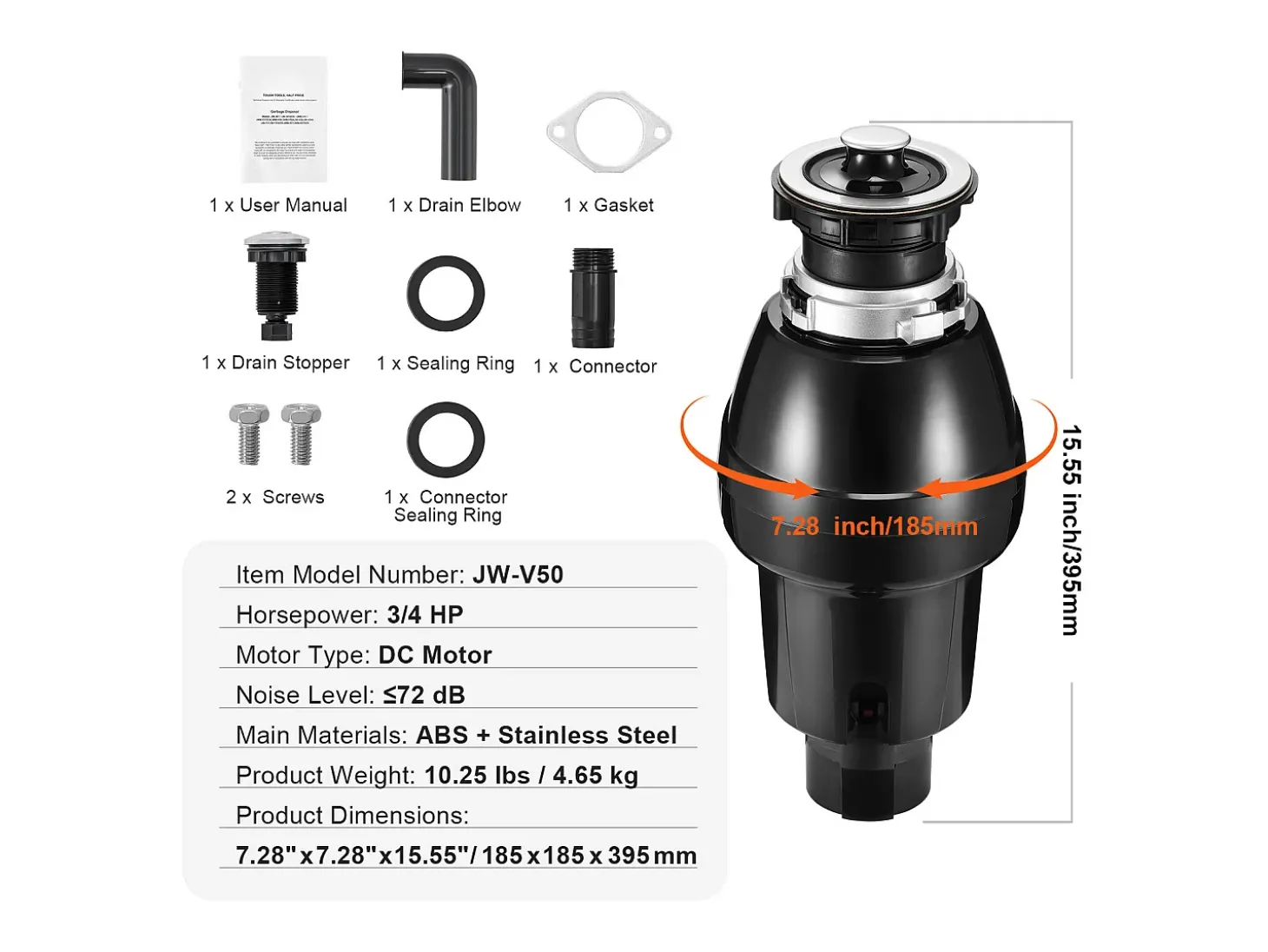 Triturador de Desechos SucceBuy de Cocina 3/4 HP, Sistema de Molienda de Residuos Alimentarios, Instalación Fácil, 3930 RPM, con Cable de Alimentación