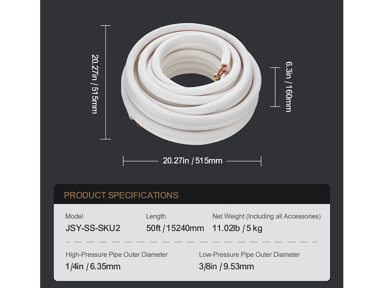 Tube SucceBuy Ensemble de Mini-Lignes Divisées 6,4 x 9,5 x 15240 mm, Tubes en Cuivre Isolés pour Courant Alternatif
