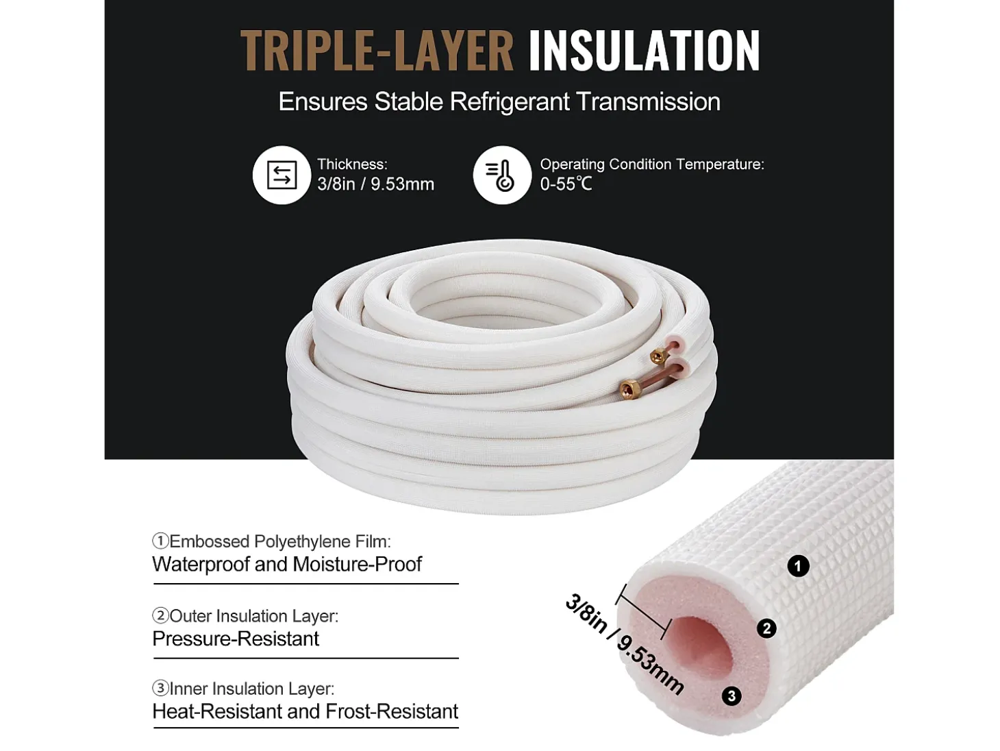 Tube SucceBuy Ensemble de Mini-Lignes Divisées 6,4 x 9,5 x 15240 mm, Tubes en Cuivre Isolés pour Courant Alternatif