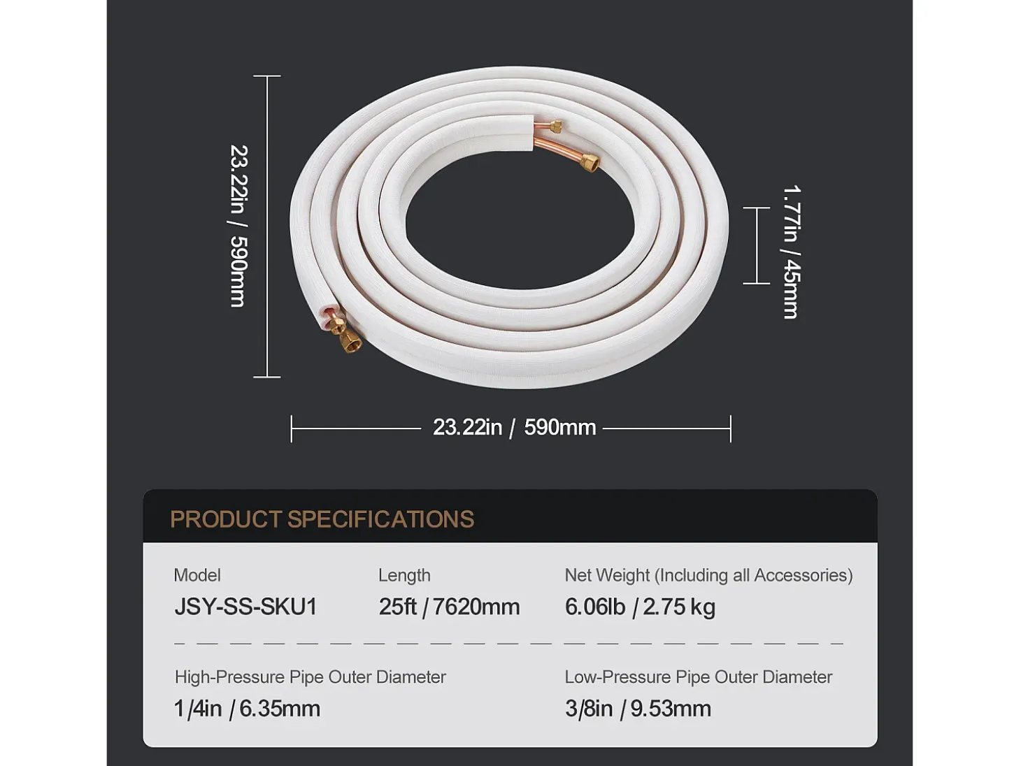 Tubo SucceBuy Conjunto de Mini-Líneas Divididas 6,4 x 9,5 x 7620 mm, Tubos de Cobre Aislados para Aire Acondicionado sin Conducto