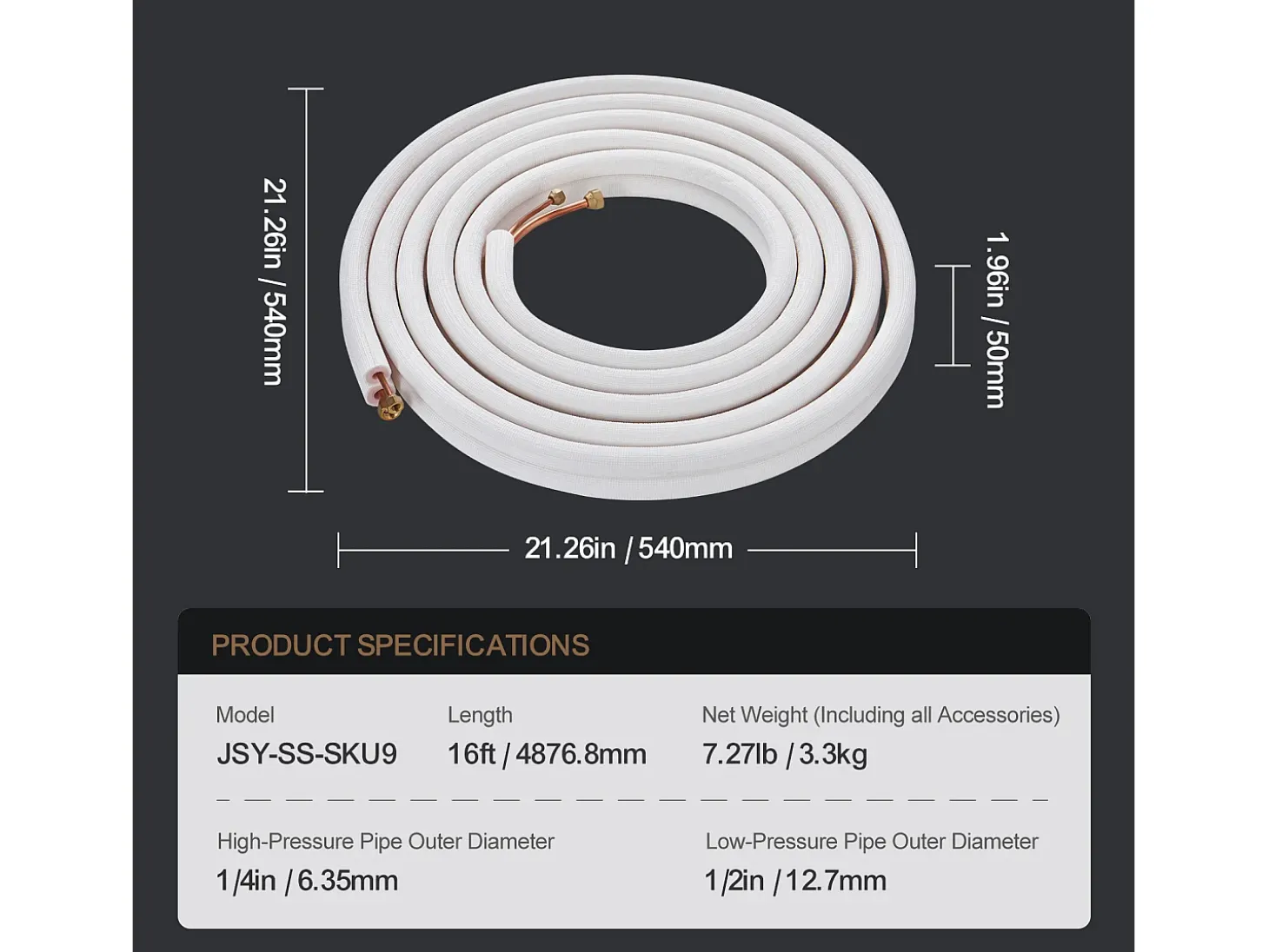 Tubo SucceBuy Kit de Líneas Mini Split 6,4 x 12,7 mm x 4876,8 mm Tubo de Cobre para AC con Cable de Conexión
