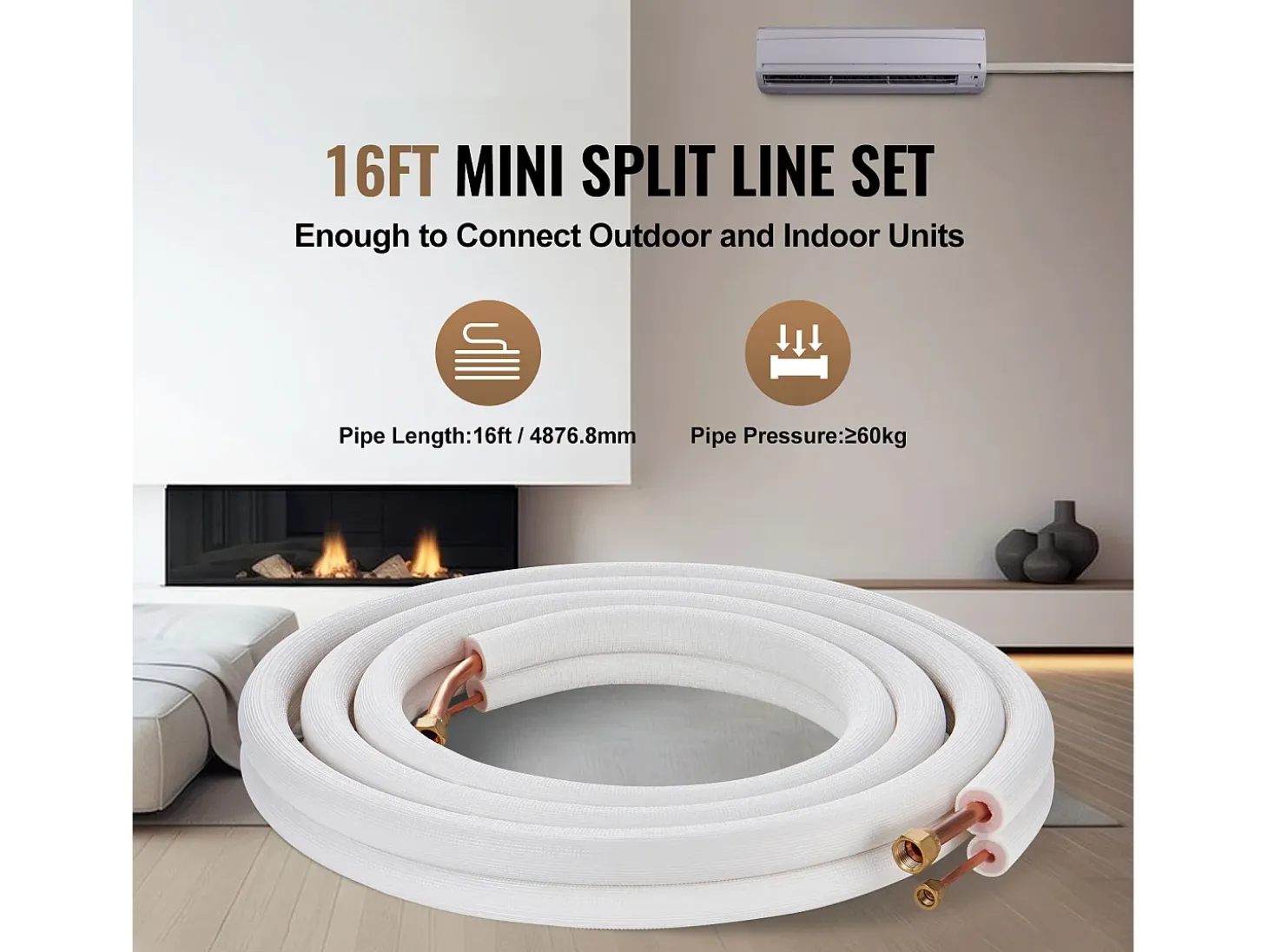 Tubo SucceBuy Kit de Líneas Mini Split 6,4 x 12,7 mm x 4876,8 mm Tubo de Cobre para AC con Cable de Conexión