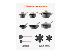 Utensilios de Cocina SucceBuy Juego de Utensilios de Cocina Antiadherentes de Granito de 17 Piezas - Negro