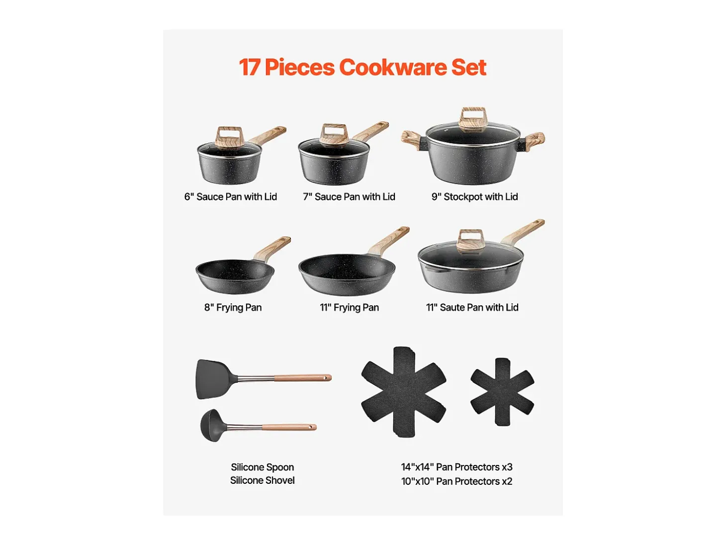 Utensilios de Cocina SucceBuy Juego de Utensilios de Cocina Antiadherentes de Granito de 17 Piezas - Negro