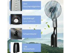 Ventilador de pedestal 2 en 1 con nebulizador de 2,8 L, función de nebulización, de metal, 120 cm de altura, negro (44,5 x 44,5 x 120 cm)