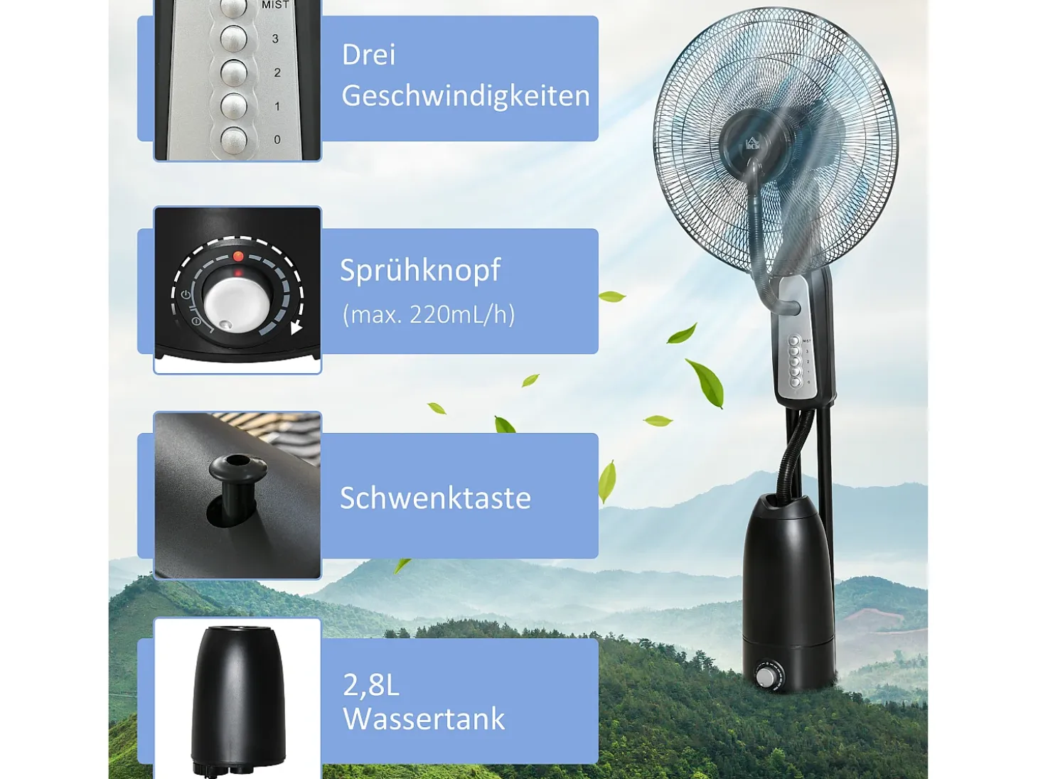 Ventilador de pedestal 2 en 1 con nebulizador de 2,8 L, función de nebulización, de metal, 120 cm de altura, negro (44,5 x 44,5 x 120 cm)
