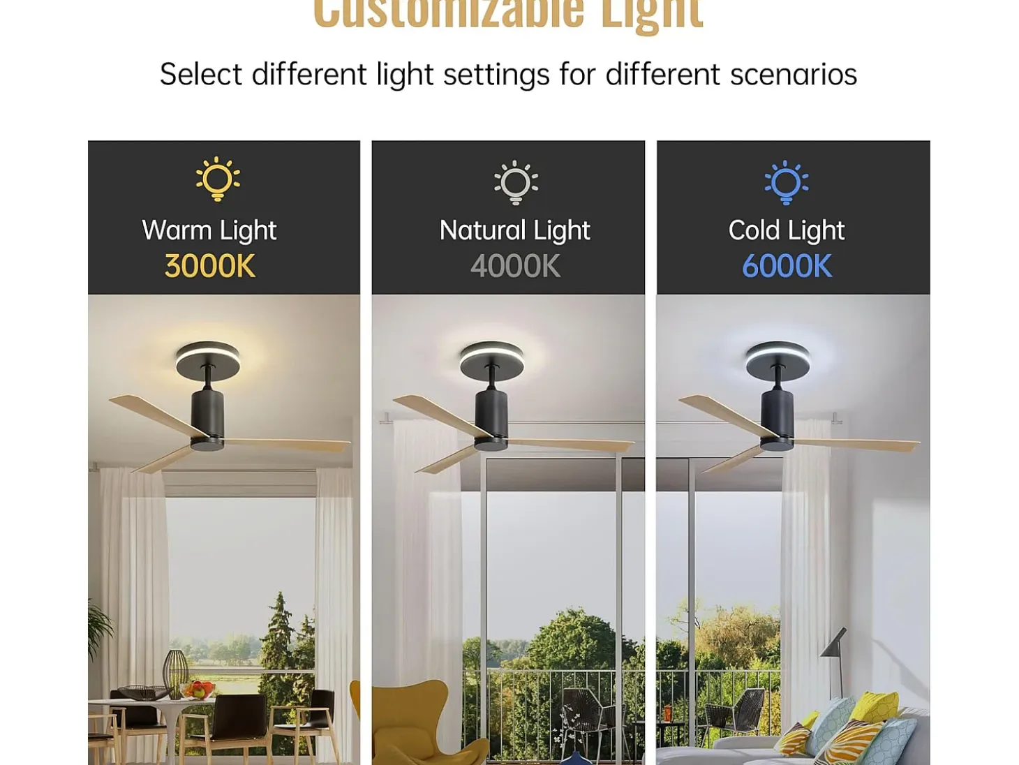 Ventilador de techo 52" con luz LED, 3 aspas de ABS, motor CC reversible, control remoto, para patio y sala (132x132x65,5cm)
