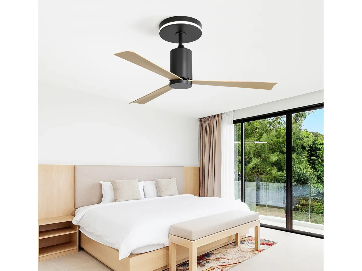 Ventilador de techo 52" con luz LED, 3 aspas de ABS, motor CC reversible, control remoto, para patio y sala (132x132x65,5cm)