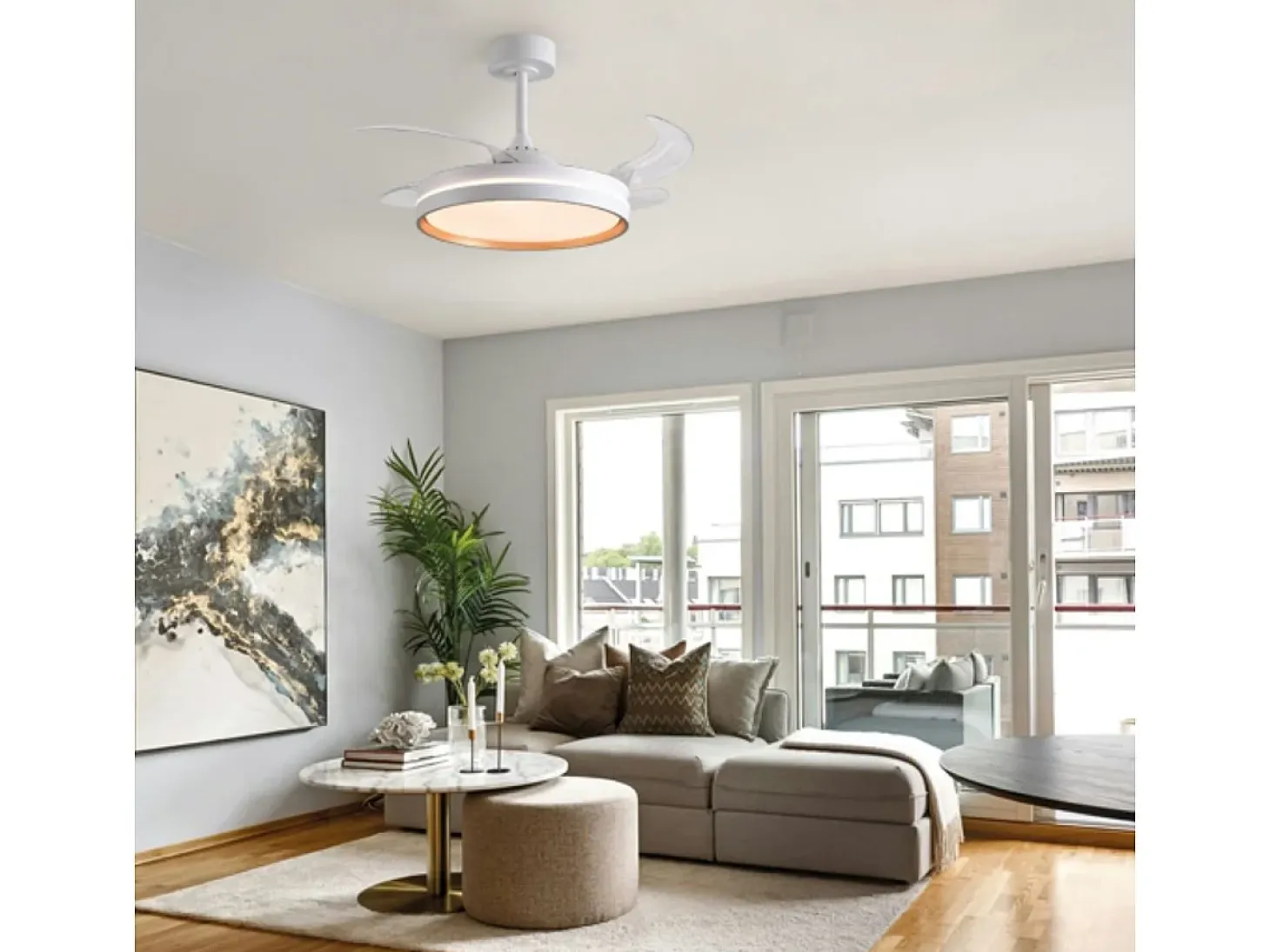 Ventilador de techo Akran Bel Air 72W 4 aspas retráctiles con luz LED oro Ø108 cm