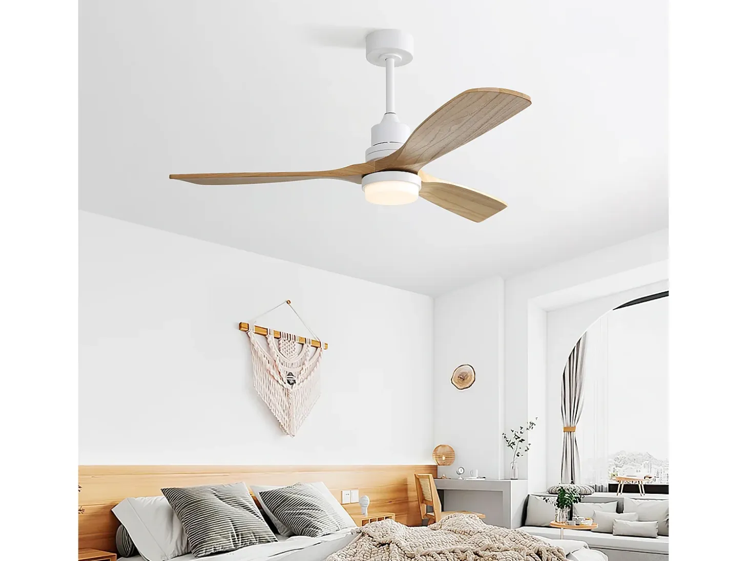 Ventilador de Techo Blanco - Ventilador de Techo con Luz LED y Control Remoto de 6 Velocidades - 3 aspas de madera - para Sala de estar