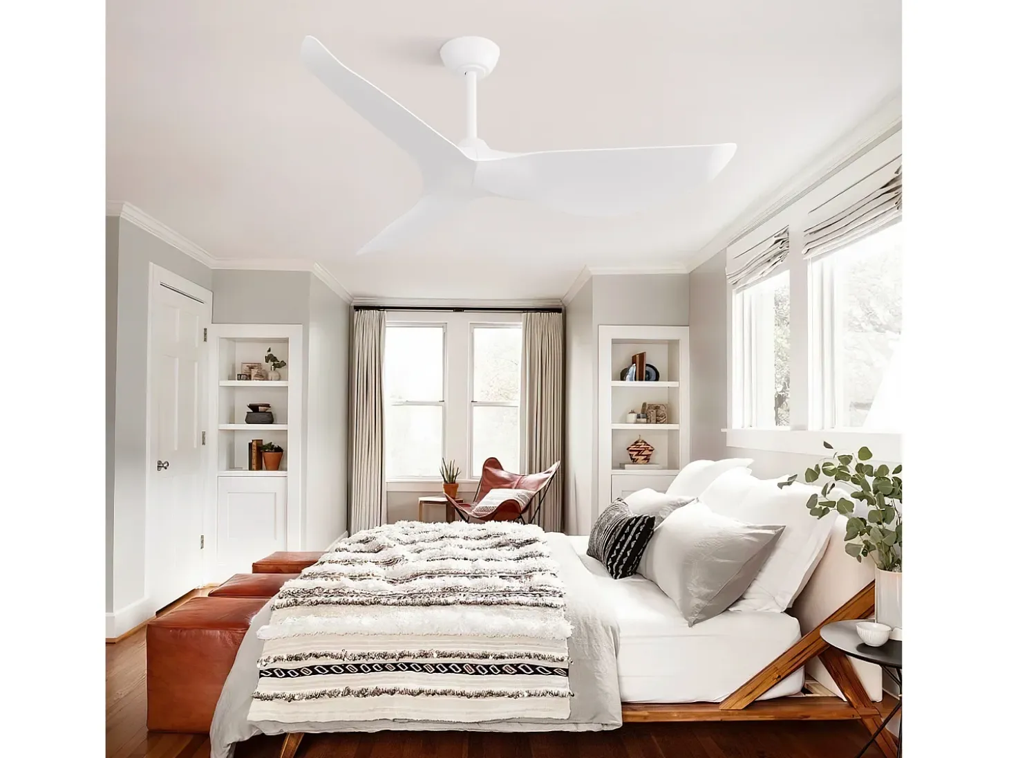 Ventilador de techo blanco con control remoto de 6 velocidades y aspas de ABS para dormitorio y sala de estar.