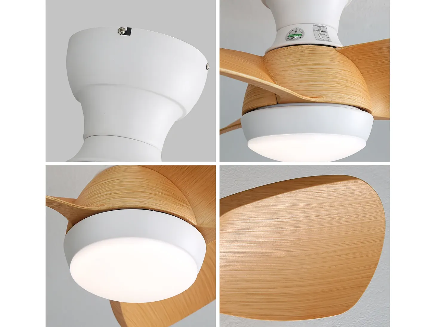 Ventilador de techo color madera con luces LED regulables y 3 aspas de ABS para dormitorios y salones.